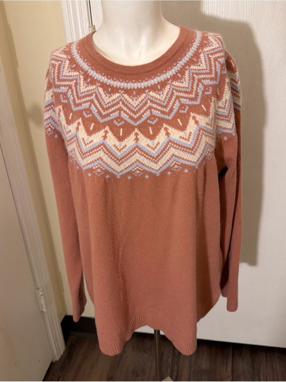 LL Bean Pink 100% Cashmere Fair Isle Yoke Sweater Cottagecore Women’s Size XL
